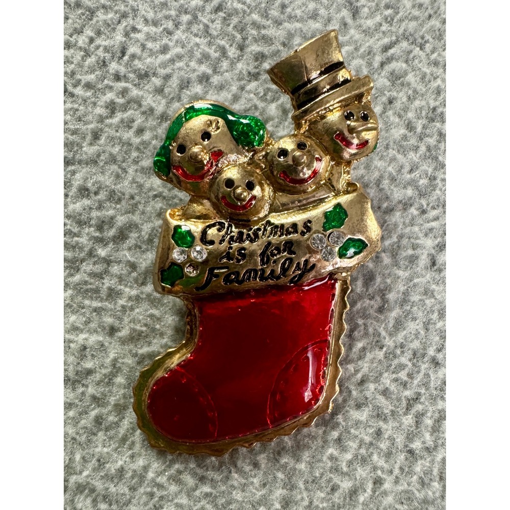 Vintage Christmas Is For Family Snowman Stocking Brooch Gold Tone Red Enamel Pin